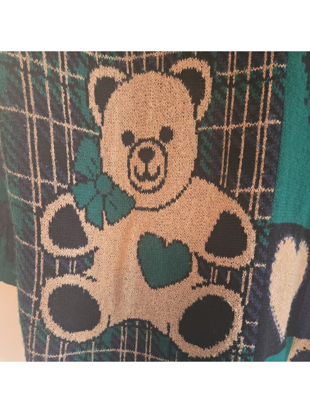 Vtg Maggie Lawrence Knit Teddy Bear Bows Sweater V-neck L usa Womens Oversized - Picture 3 of 12